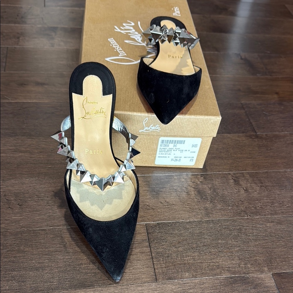 Christian Louboutin Black and Silver Heels with Pointed Toe Planet Choc Velour